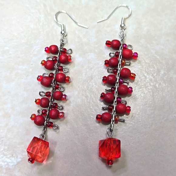 Sliver925 Hook Red Beaded Drop Earrings - Picture 5 of 15